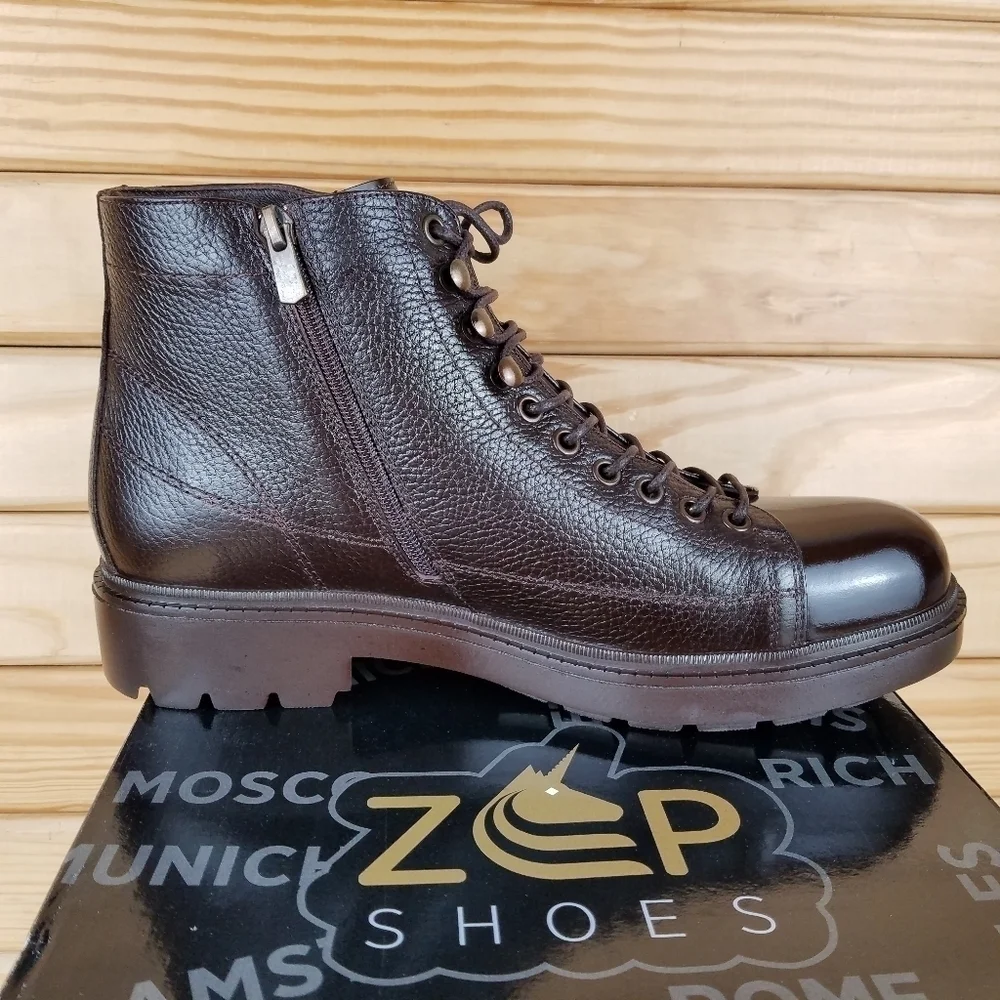 Men's 100% Genuine Leather Brown Ankle Boots by Paul Branco Side Zip Lace-up 11M
